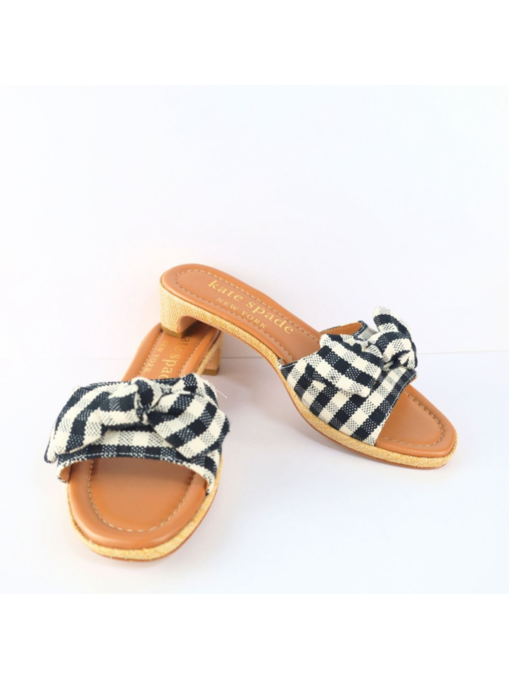 Lilah Gingham Knotted Bow Slide Sandals Black/White 6 B - Picture 4 of 11